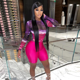 Autumn women's new sexy mesh see-through printing tight-fitting one-piece suit hip shorts suit