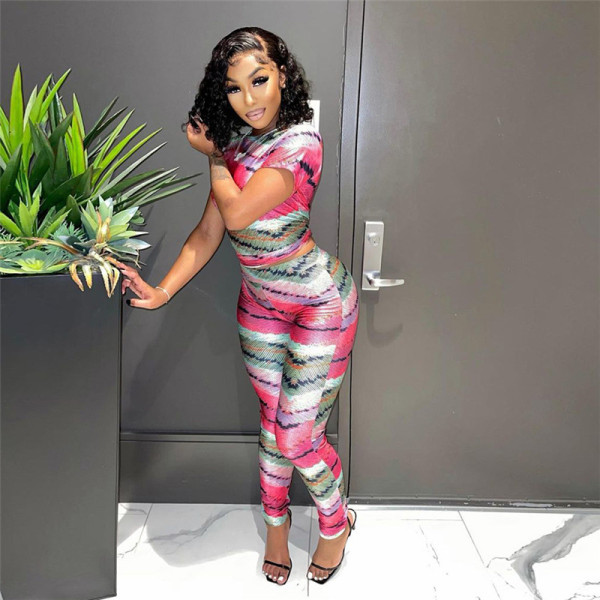 Autumn women's new style fashion printed slim short-sleeved shirt high-waist tight trousers suit women