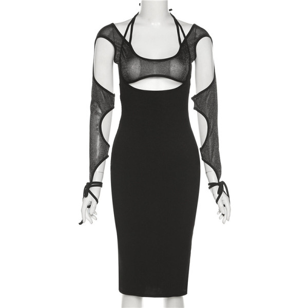 Autumn new style women's sexy hollow irregular long-sleeved shirt solid color suspender dress suit