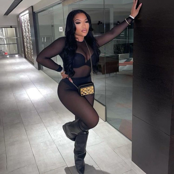 Autumn women's clothing new sexy mesh perspective stitching high waist tight-fitting casual jumpsuit women