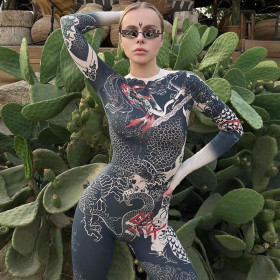 2021 Fall New Women's Fashion Retro Chinese Style Printed High Waist Skinny Sports Jumpsuit