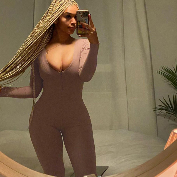 Women's new sexy low-cut hips high waist tight-fitting long-sleeved casual fitness jumpsuit