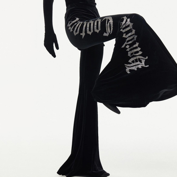 Autumn Women's New Fashion Hot Rhinestone Letters High Waist Loose Micro-Lash Velvet Wide Leg Casual Pants