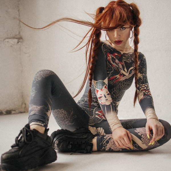 2021 Fall New Women's Fashion Retro Chinese Style Printed High Waist Skinny Sports Jumpsuit