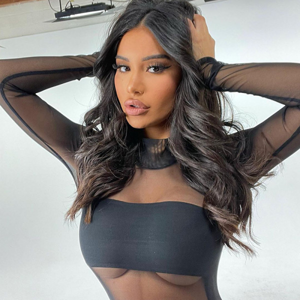 Women's winter new style hollow round neck long-sleeved sexy mesh casual trousers jumpsuit women