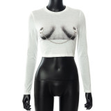 Women's 2021 Summer New Printed Round Neck Long Sleeve Navel Chain T-shirt Casual Top A21TP163-1
