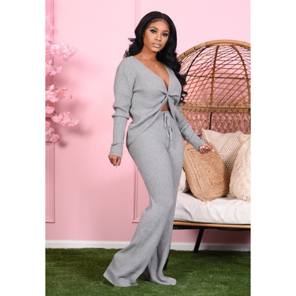 Women's autumn and winter new two-piece V-neck tie-knot slip-shoulder long two-piece suit