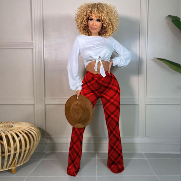 New Women's Casual Straight Pants Fashion Printed Plaid Pants