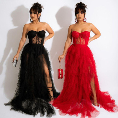 Sexy European and American Perspective Mesh Lace Wrapped Dress