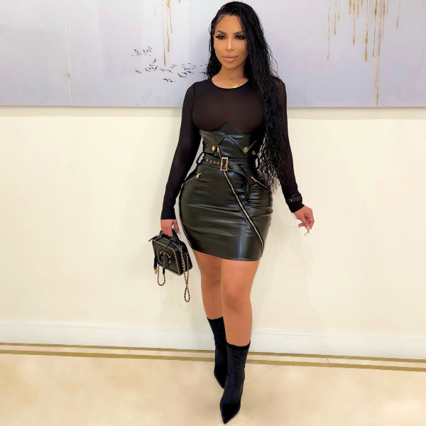 New style long-sleeved round neck mesh stitching PU leather dress