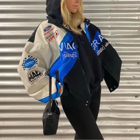 Sporty Blue Printed Casual Loose Long Sleeve Windbreaker Jacket