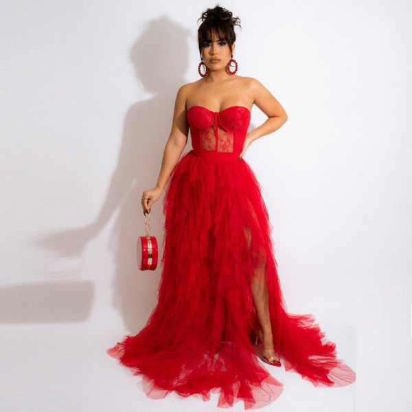 Sexy European and American Perspective Mesh Lace Wrapped Dress