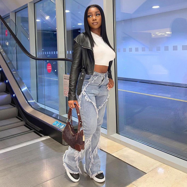 Women's new style personality design sense of furry stitching high-waist straight-leg jeans street style women's trousers