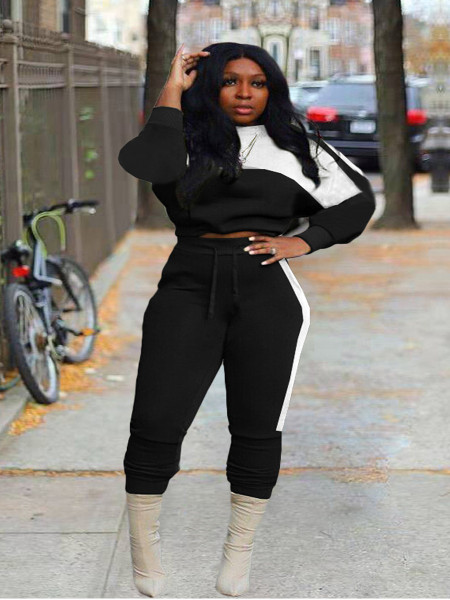 New fashion casual sweater stitching sports two-piece suit