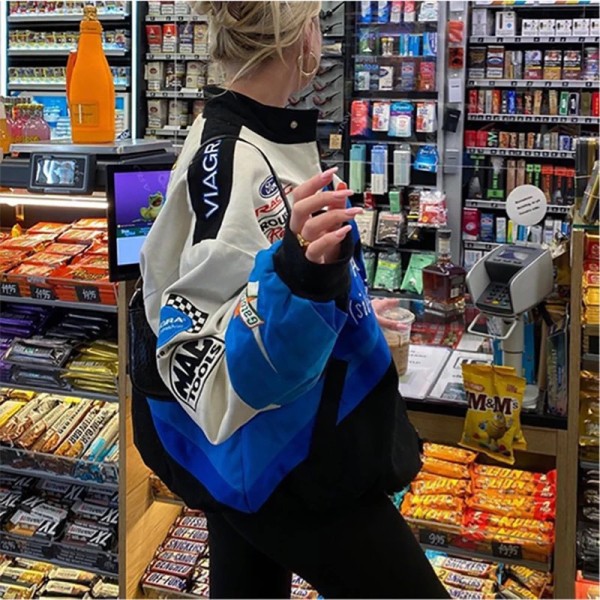 Sporty Blue Printed Casual Loose Long Sleeve Windbreaker Jacket