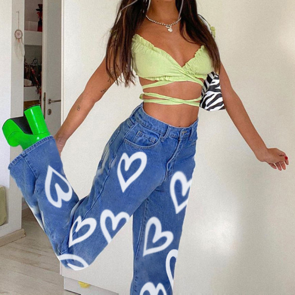 Personality graffiti print loose straight leg jeans women fashion high waist casual pants