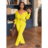 Women's autumn and winter new two-piece V-neck tie-knot slip-shoulder long two-piece suit