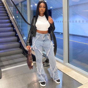Women's new style personality design sense of furry stitching high-waist straight-leg jeans street style women's trousers