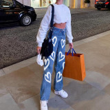 Personality graffiti print loose straight leg jeans women fashion high waist casual pants