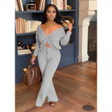 Women's autumn and winter new two-piece V-neck tie-knot slip-shoulder long two-piece suit
