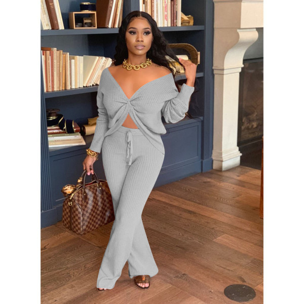Women's autumn and winter new two-piece V-neck tie-knot slip-shoulder long two-piece suit