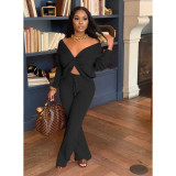 Women's autumn and winter new two-piece V-neck tie-knot slip-shoulder long two-piece suit