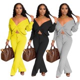 Women's autumn and winter new two-piece V-neck tie-knot slip-shoulder long two-piece suit