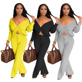 Women's autumn and winter new two-piece V-neck tie-knot slip-shoulder long two-piece suit
