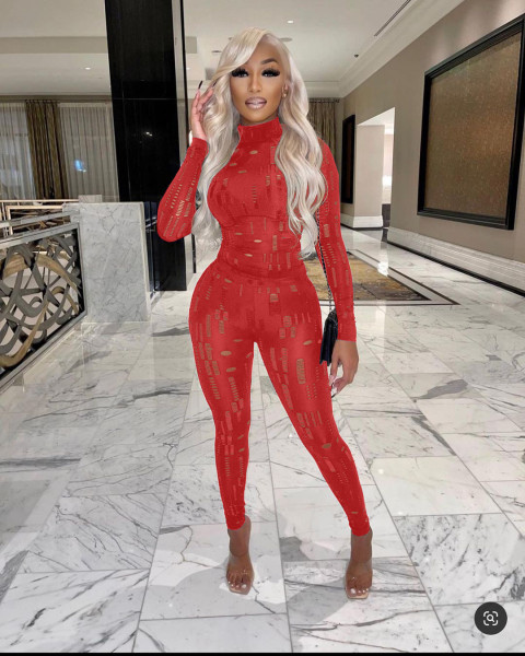 Women's fashion casual knitting hole 4-color two-piece suit