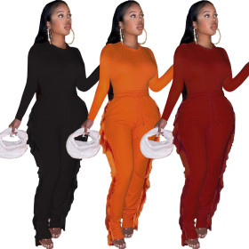 Women's fashion solid color tassel knitted women's casual suit two-piece suit