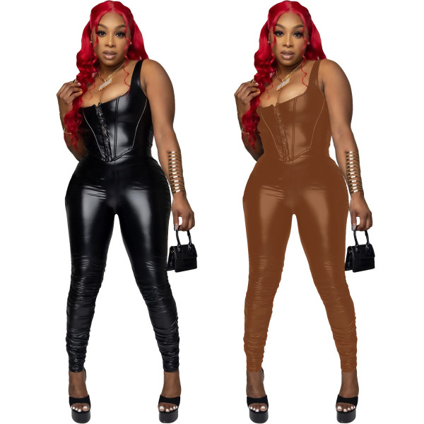 Women's sexy two-piece vest pleated faux leather pants suit nightclub outfit