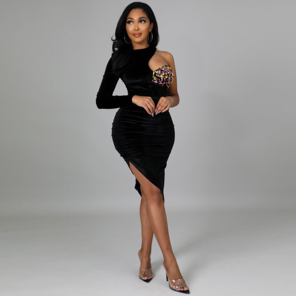 Sexy sequin one-shoulder zippered dress