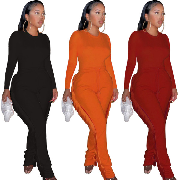 Women's fashion solid color tassel knitted women's casual suit two-piece suit