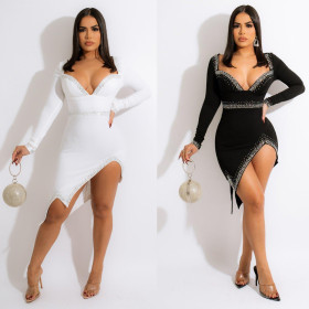 Sexy European and American Deep V Hot Rhinestone Nightclub Dress
