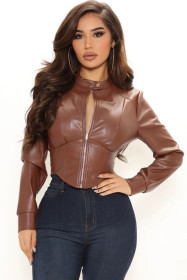 Women's sexy tight-fitting waistband motorcycle PU coat