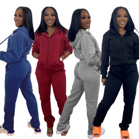 Women's solid color sweater fabric sports and leisure two-piece suit