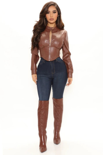 Women's sexy tight-fitting waistband motorcycle PU coat