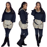 Leopard print stitching two-piece hooded pocket