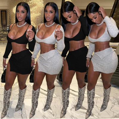 Women's long-sleeved slim knit vest temperament commuter sexy split skirt three-piece suit