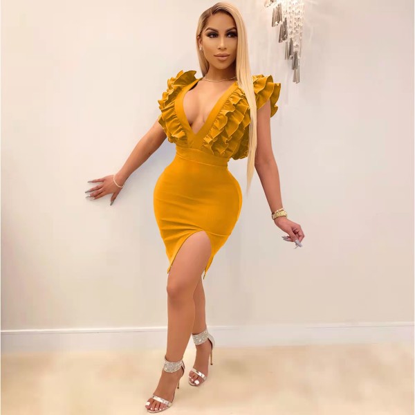 New women's solid color stitching V-neck wooden ear dress