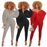 New high elastic solid color bat sleeve jumpsuit