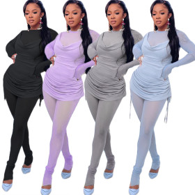 Pure color sling drawstring mesh gauze two-piece fashion women's suit