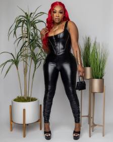 Women's sexy two-piece vest pleated faux leather pants suit nightclub outfit