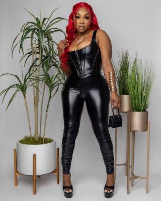 Women's sexy two-piece vest pleated faux leather pants suit nightclub outfit