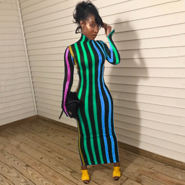 Striped high-neck tight-fitting long dress women's new hot-selling spring dress