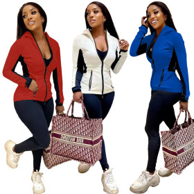 Hooded color contrast stitching pocket zipper leisure sports suit