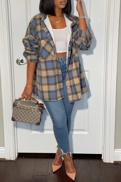 Women's loose outdoor casual plaid printed shirt jacket