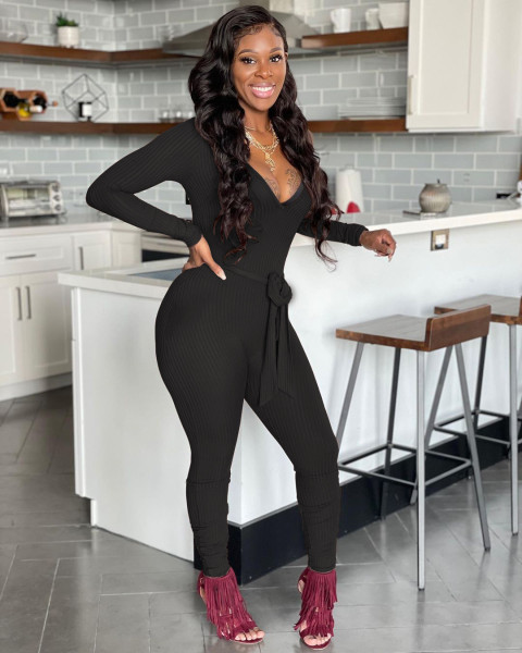 Women's sexy tight V-neck solid color ribbed jumpsuit (including belt)