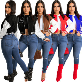 Paneled ribbed zip alphabet baseball shirt