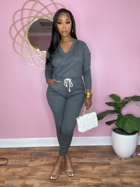 Fall/winter women's hot style casual sweater solid color V-neck ladies jumpsuit